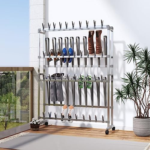 SKTQYQO Schuhschrank mit Rollen, Silber, 89 x 27 x 120 cm, Organizer für Schuhe mit stabilem Aluminiumrahmen, für bis zu 40 Paar Schuhe und 10 Paar Stiefel, Design