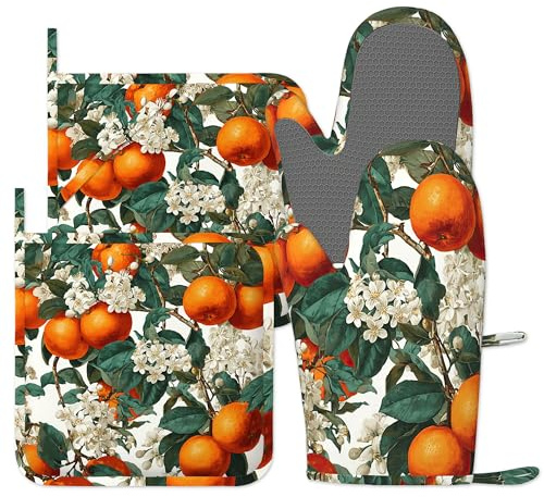 Oven Mitts and Pot Holders Sets, Oranges Leaves Oven Gloves Heat Resistant, Cute Baker Stuff, Chef Cooking Baking Gifts for Bakers, Kitchen Gifts for Cooking Lover Cooks Mom