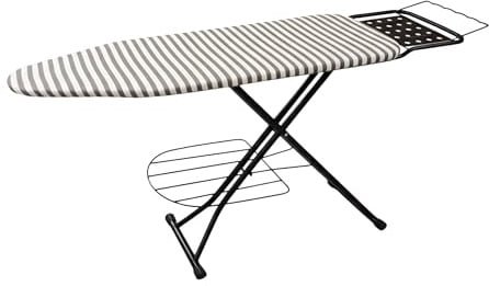 Relaxdays Bügelbrett für Dampfbügeleisen, 110x33 cm, höhenverstellbar, klappbar, Ablage, Bügeltisch gestreift, grau-weiß