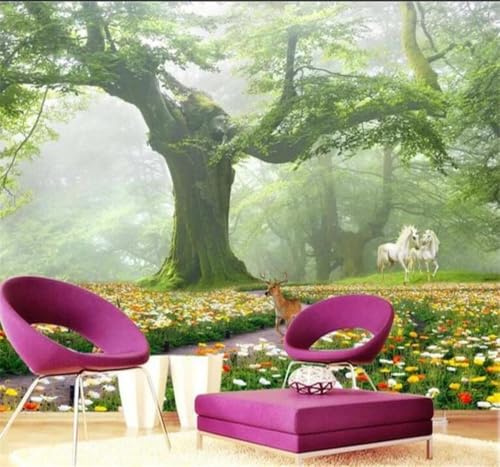 Tzxztt Frais Esthétique Féérique Forêt Prairie Cheval Blanc Papier Peint 3D Moderne Soie Texturée Haut De Gamme Idéal Pour Le Salon Et La Chambre à Coucher-300cm×210cm