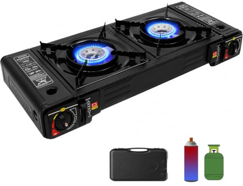 Hornillo de camping de 2 fuegos con plancha y maletín, 5000 W (2 x 2,5 kW) cocina de gas portátil, doble combustible butano y GLP, encendido piezoeléctrico, estufa de camping para cartuchos de gas MSF