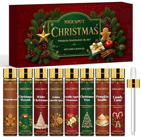 Migcaput 8x10ml Weihnachten Ätherische Öle Set, Premium Festival Duftöle Geschenkset für Diffuser, Duftkerzen - Lebkuchen, Weihnachtskranz, Weiße Weihnacht, Weihnachtsbaum, Kürbissoufflé, Zuckerstange