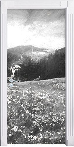 Stil.Zeit Möbel Schneebedeckte Berglandschaft mit Regenbogen und blühenden Krokussen Kunst Kohle Effekt als Türtapete, Format: 200x90cm, Türbild, Türaufkleber, Tür Deko, Türsticker