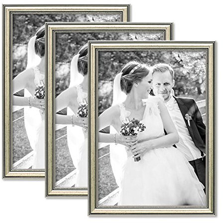 PHOTOLINI 3er Set Bilderrahmen Silber Barock Antik 21x30 cm DIN A4 Fotorahmen mit Glasscheibe/Kunststoffrahmen