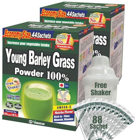山本漢方製薬株式会社 Yamamoto Kanpoh Young Barley Grass Powder with Kale, 100% Green Superfood, Japan's Green Juice for Health & Vitality, Rich in Vitamins & Minerals, Gluten-free & Vegan, 88 Sachet(each of 44