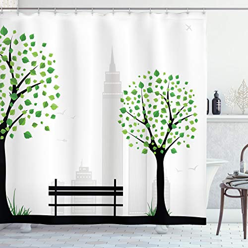 ABAKUHAUS Baum Duschvorhang, Städtische und ländliche Harmonie, mit 12 Ringe Set Stielvoll Modern, 175x200 cm, Grün Schwarz