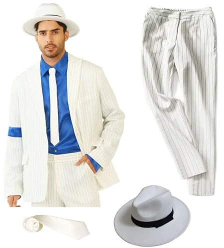 Shuanghao Streifen AnzugJacke+Pants+Shirt+Hut+Tie Outfit Kostüme für Erwachsene Kinder Weihnachten Halloween Cosplay Rollenspiel Partys Tänze Retro Punk Männer Frauen Weiss/Gold