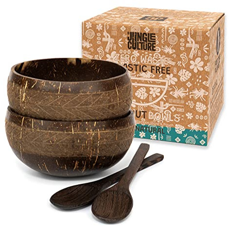 Jungle Culture® Set de 2 Boles de Coco con Cucharas y Pajita de Bambú & Bolsa • Tazones de Coco Natural • Cuenco Madera • Açai Bowl Ecológico y Sostenible • Coconut Bowls • Hecho a Mano en Vietnam