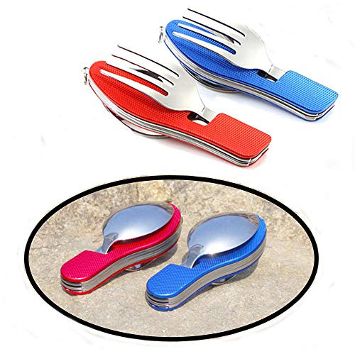 Senven 2Pcs 4 en 1 vaisselle de camping matériel de camping mis en acier inoxydable fourchette cuillère ensemble ouvre-bouteille camping couverts/voyage/survie - pliable détachable-Rouge,Bleu