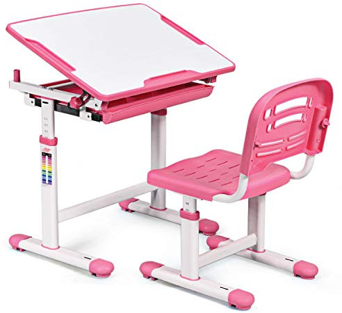 GOPLUS Kindertisch mit Stuhl, Kinderschreibtisch Höhenverstellbar, Schülerschreibtisch Farbewahl, Kindermöbel Neigungsverstellbar, Schreibtisch Kinder (Rosa)