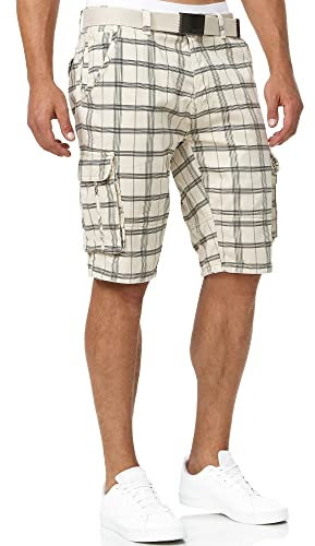 Indicode Herren Blixt Cargo Shorts mit 6 Taschen und Gürtel aus 100% Baumwolle | Männer Fog Check, S