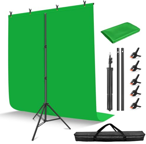 HEMMOTOP 2,1 x 1,5 m (H x B) Grünbildschirm-Ständer-Set, 2 x 1,5 m Greenscreen-Hintergrund mit Ständer für Streaming, Gaming, Zoom, tragbares Greenscreen-Hintergrund-Set mit Clips und Tragetasche