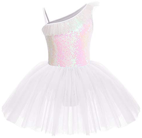 IWEMEK Kinder Ballettkleidung Mädchen Ballettkleid Ärmellos Rüsche Pailletten Balletttrikot Ballettanzug Tanzkleid Tanzbody mit Tütü Rock Ballettrock Gymnastik Tanzbekleidung Weiß 7-8 Jahre