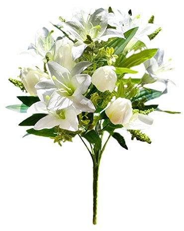 RESOYE Flores de cementerio de tulipanes artificiales blancos, paquete de 2 tulipanes de seda de 15.4 pulgadas, decoración de tumbas, ramo de tulipanes para tumbas al aire libre