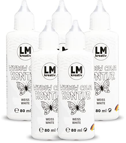 LM Window Color Set Kontur (5 x 80 ml Weiß) - Abziehbare Fenster-Farbe/für Fensterbilder auf Spiegelfliesen & andere glatte Oberflächen. Windows Color Glasmalstifte sind einfach zu dosieren.