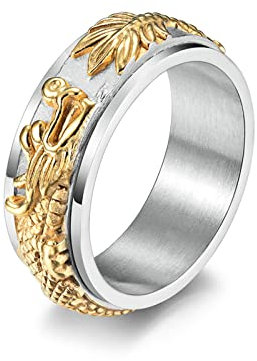 Bishilin Herren Ringe Edelstahl, Ringe Personalisiert Drachen Ring Spinner 8MM Freundschaftsringe Männer Ring Gold Silber Gr.65 (20.7)