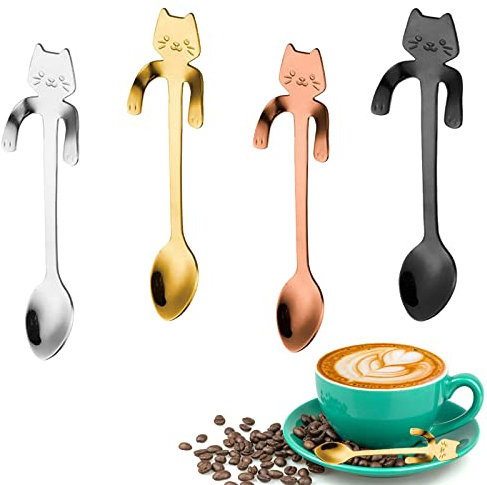 Cuchara de Café para Gato de Acero Inoxidable 304, Cuchara de Cuchara té Diseño Colgante, Mini Cuchara en Forma de Gato Cucharitas para Agua, Té, Leche, Café, Sopa, Azúcar, Postre
