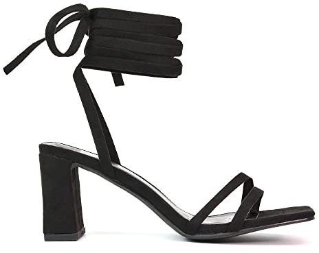 ESSEX GLAM Womens Lace Up Strappy Ankle Strap Sandals Ladies Mid High Block Heel Square Toe Shoes Size 3-8