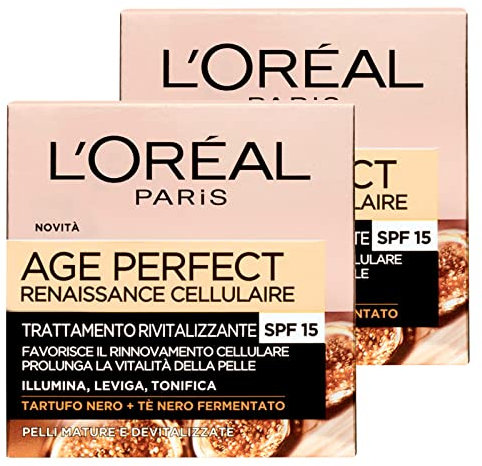 L'Oréal Paris Age Perfect Renaissance Cellulaire Revitalisierende Gesichtscreme mit schwarzem Trüffel und schwarzem Tee, aufhellend, belebend, Sonnenschutz LSF 15 für reife Haut, 2 Dosen à 50 ml