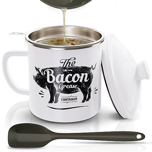 PGYARD Retro Farmhouse Bacon Grease Container, 46OZ Large Enamel Grease Container With Silicone Spatula, Dishwasher Safe - White