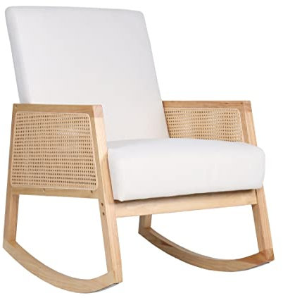 SWEET SOFA® - Butaca Mecedora de Madera y ratán Sofia, Estilo Boho Chic, tapizado Antimanchas. 96x66x82 cm. (Crema)