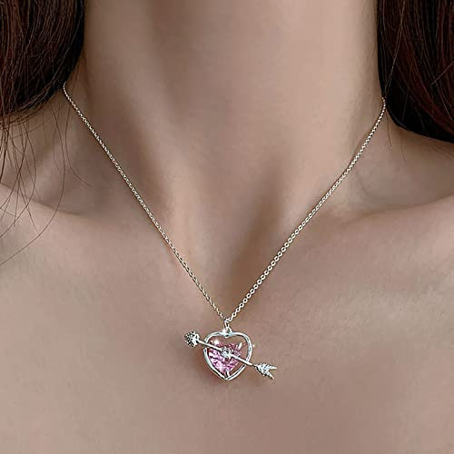 TseenYi Rosa Cuore Collana Con Ciondolo Freccia Argento - Amore Gemma Brillare Cz Choker Cristallo - Gioielli Catena Per Donne E Ragazze