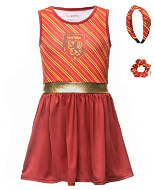 Harry Potter Gryffondor Robe d'été pour fille avec chouchou et bandeau Poudlard, taille 7 ans, multicolore