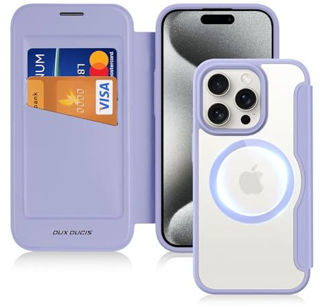 DUX DUCIS Hülle für iPhone 15 Pro Max Handyhülle Kompatibel mit MagSafe, Transparente Anti-Kratzer Leder Flip Klapphülle mit RFID-Sperre Schutzhülle Case für iPhone 15 Pro Max (6,7 Zoll, Lila)