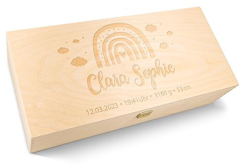 GRAVURZEILE Personalisierte Erinnerungskiste für Babys - Holzkiste für Mädchen & Jungen - Personalisiert mit Name & Daten - Geschenk fürs Baby zur Geburt - Erinnerungsbox für Neugeborene - Regenbogen