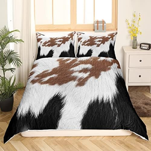 Tierische Rindslederstruktur Bettwäsche 135x200cm Kuhfell Von Nutztieren Kinder Bettbezug Set 3 Teilig Microfaser 3D Motiv Luxus Modern Bettdeckenbezug Mit Reißverschluss und 2 Kissenbezüge 80x80cm