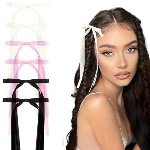 RYMAUP® 6 Pièces pour Femmes Filles Double Couche Gland Ruban Noeud Pinces à Cheveux Pinces à Cheveux pour Filles Longue Queue Accessoires pour Cheveux Satin Solide