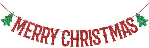 Frohe Weihnachten Banner – Weihnachten Urlaub Wimpelkette Girlanden – Festliche Party Dekor/Wintermantel Home Decor/Xmas Party Dekoration Supplies, Rot Glitter