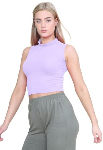 janisramone Ärmelloses Damen-Poloshirt mit Rollkragen, Stretch, bauchfrei, Flieder, 32-34