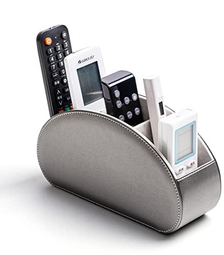 SANQIANWAN Fernbedienungshalter für Aufbewahrungsbox aus PU-Leder, Fernbedienungshalter mit 5 Fächern für TV-Receiver, DVD, Schreibtisch, Stift, Küche, Badezimmer, Make-up (Silber)