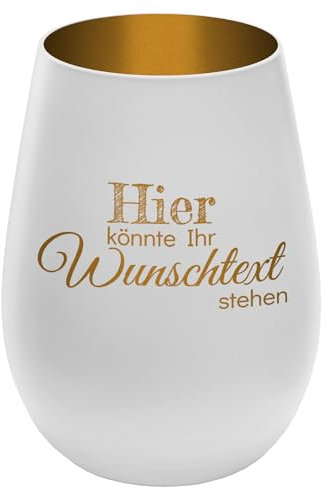 Personalisierbares Windlicht mit frei gestaltbarem Wunschtext - Weiß/Gold - wähle selbst Größe, Schriftart und Position des Textes aus - Höhe 12 cm - Kristall Glas Teelichthalter mit Gravur
