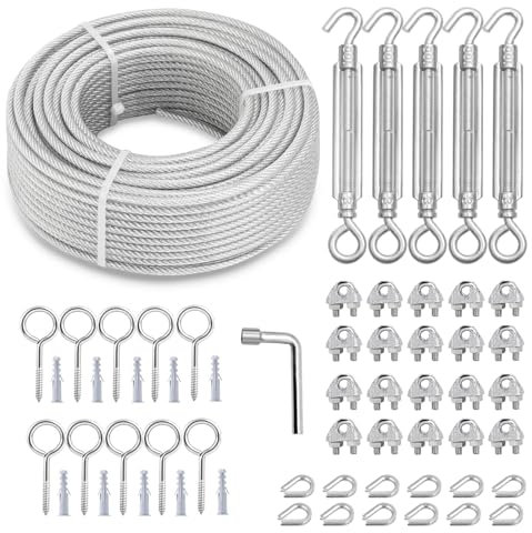 hannger Tendeurs M6 pour câbles 5MM, Tendeur de câble en acier recouvert de PVC 30M Câble d'acier avec âme en 7×7 brins pour kit d'accrochage de Rampes de terrasse/Rampes d'escalier/Ligne à vêtement