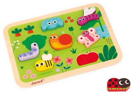 Janod - Chunky Puzzle - Der Garten - FSC-Holz - 7 Teile - Fördert Feinmotorik, Konzentration und Fantasie - Ab 18 Monaten, J07120
