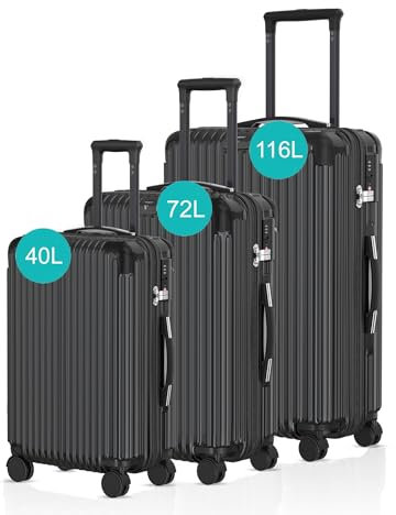 Voyagoux Kofferset 3 teilig - 40L,72L & 116L, Hartschalenkoffer Set, TSA-Schloss, ABS, 4X 360° Rollen, Robust und Leichtgewicht Suitcase, Schwarz