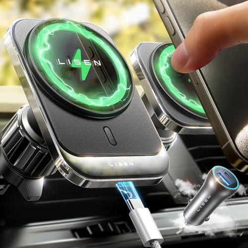 LISEN Magsafe Autohalterung Mit Ladefunktion 15W Handyhalterung Mag Safeladegerät Auto mit Zigarettenanzünder USB Induktive Ladestation Auto für iPhone 16 15 14 13 12 Pro Max Mini MagSafe Hülle