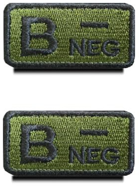 2 Stück Grün Typ B- Neg Negativ Blutgruppe Kreuz Taktisch Militär Emblem Bestickter Aufnäher Patch mit Verschluss für Erste-Hilfe-Tasche, Trauma, Medizin, Sanitäter, Rettungspaket (B-)