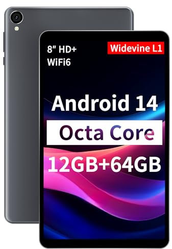 Android 14 Tablet 8 inch Tablets, 2025 Octa-Core Processor, 12GB RAM 64GB ROM 2TB Expand, WiFi 6, Dual 5MP+8MP Camera, BT5.4, 5100mAh Kids Tablets, Widevine L1, Performance Tablet, Gray