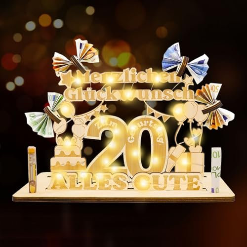 Idota 20 Geburtstag Frau Männer Geschenk - Geldgeschenke Geburtstag, Holz-Schild Gästebuch 20 Geburtstag Deko Geschenke mit LED Lichterketten, Personalisiertes Geschenke, 70 Geburtstag Frau Deko