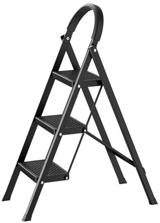 joukares 3 Step Ladder, Folding Step Stool with Wide Anti-Slip Pedal, Convenient Handgrip, Lightweight, 330lbs Sturdy Steel Ladder, Portable Steel Step Stool for Household and Office Black 1 Set