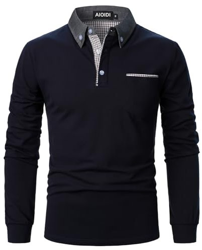 AIOIDI Long Sleeve Polo Shirts Mens Tops Casual Golf Shirt with Real Pockets Blue L