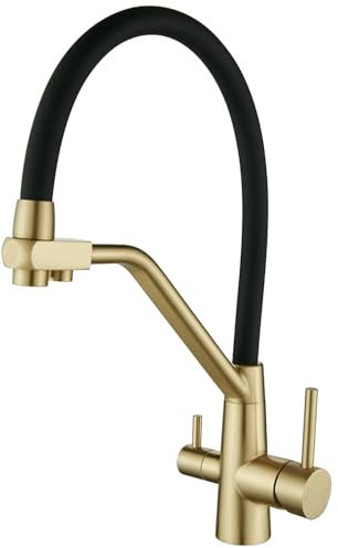 Maynosi 3 Way Kitchen Sink Tap for Filter Water Purifier, 3 in 1 Kitchen Sink Mixer Tap with Drinking Filtered Water Outlet, 2-Lever Sink Taps with Flexible Spout, Stainless Steel, Brushed Gold