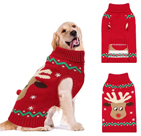 HYLYUN Weihnachten Hund Pullover, Rentier Schneeflocke Outfits mit Leine Loch, Klassische Rollkragen Hundekleidung für Welpen Medium Hund