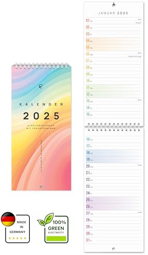UNITURE® Kompakter Wandkalender 2025 schmal [12 x 50 cm] ideal für schmale Wände in Flur und Küche - Streifenkalender 2025 lang, Kalender 2025 lang und schmal, Küchenkalender, nachhaltig & schmierfrei
