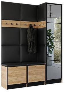 KIER FURNITURE Flurgarderobe Modern - Garderobenschrank mit Sitzbank, Haken und Schuhschrank - Flur Möbel Geräumig und Stilvoll - BxHxT 159,6x205x39cm - Craft Eiche + Schwarzes Öko-Leder