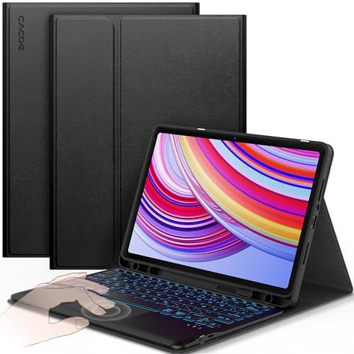 CACOE Hülle Tastatur Kompatibel mit Redmi Pad Pro 12.1 / Xiaomi Poco Pad 12.1 2024 Kompatibel mit Touchpad, 7-Farbige Beleuchtung Abnehmbare Kabellose QWERTZ-Tastatur, Schwarz