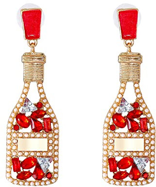 Long Earrings For Women Yellow Mens Earings Vintage Champagne Wine Bottle Full Of Pearl Earrings Personality Female Jewelry Earrings 70s Earrings White Black Earrings For Women Hoops (Red, One Size)